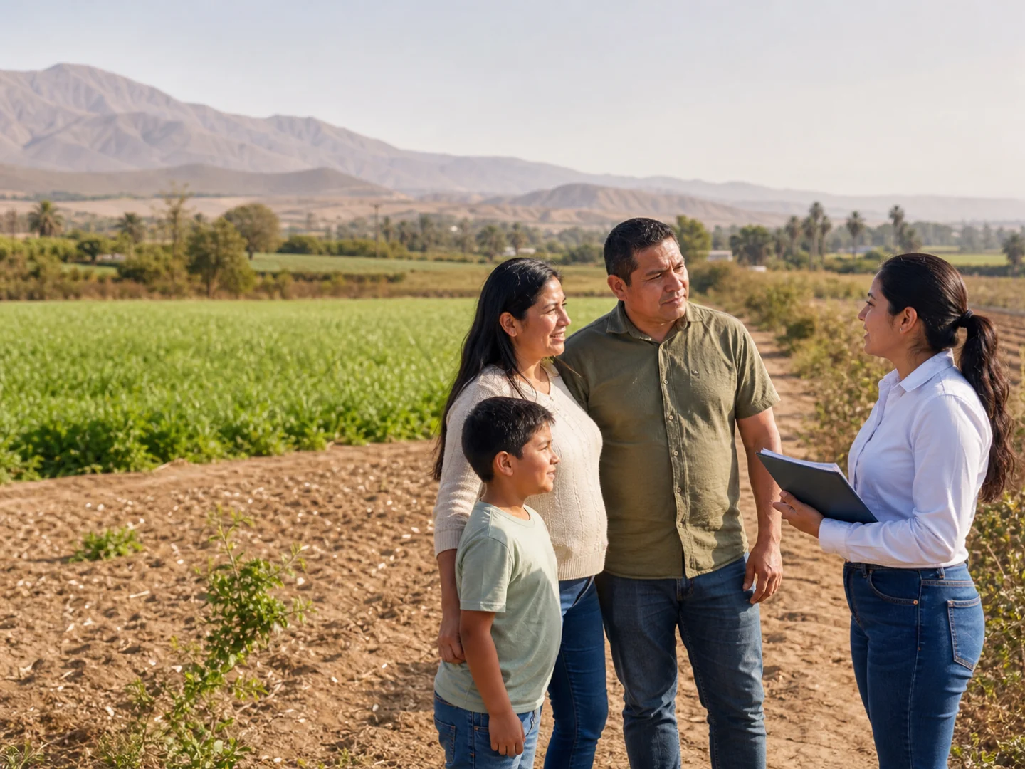 Familia conversando con una asesora en un terreno agrícola